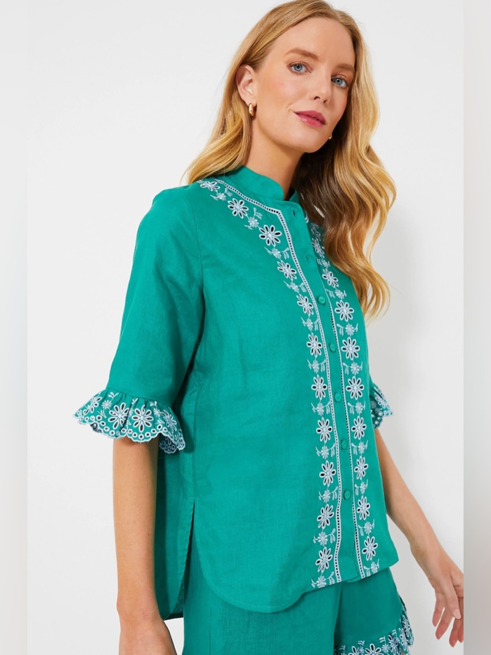Hyacinth House Embroidered Green Tunic Top with White Floral Trim